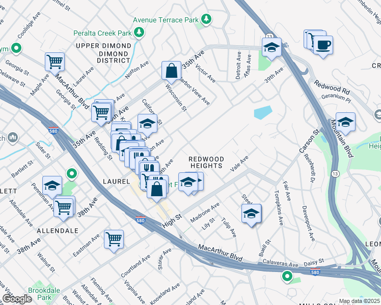 map of restaurants, bars, coffee shops, grocery stores, and more near 3906 39th Avenue in Oakland