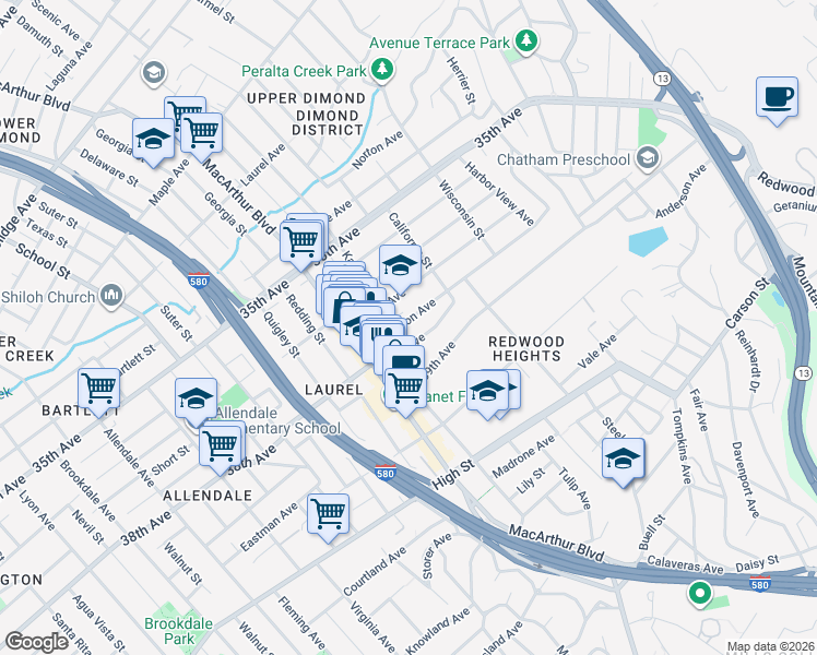 map of restaurants, bars, coffee shops, grocery stores, and more near 3750 Patterson Avenue in Oakland