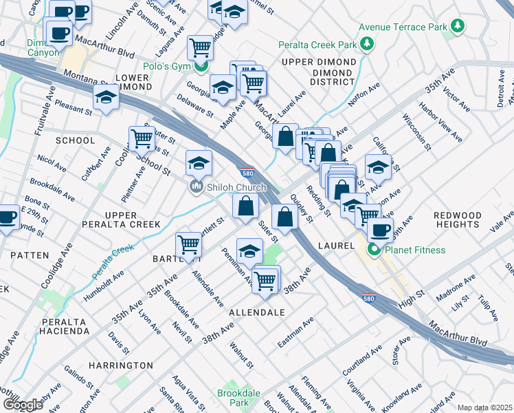 map of restaurants, bars, coffee shops, grocery stores, and more near 3385 Arkansas Street in Oakland