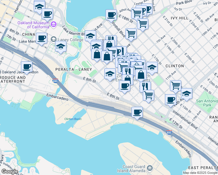 map of restaurants, bars, coffee shops, grocery stores, and more near 1026 7th Avenue in Oakland