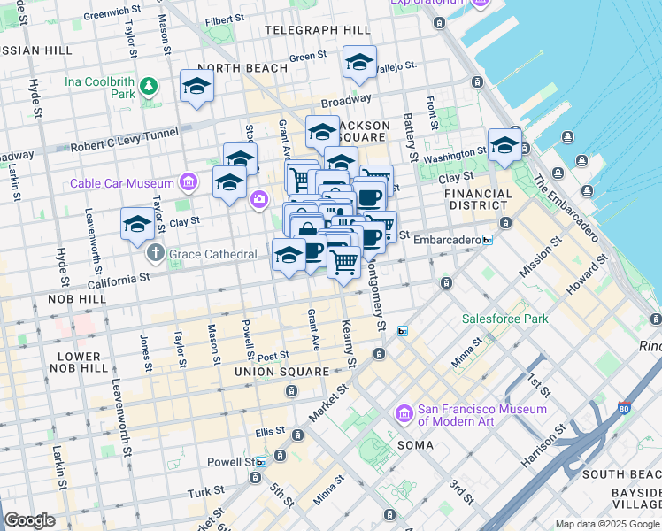 map of restaurants, bars, coffee shops, grocery stores, and more near 433 Kearny Street in San Francisco