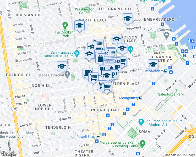 map of restaurants, bars, coffee shops, grocery stores, and more near 790 California Street in San Francisco