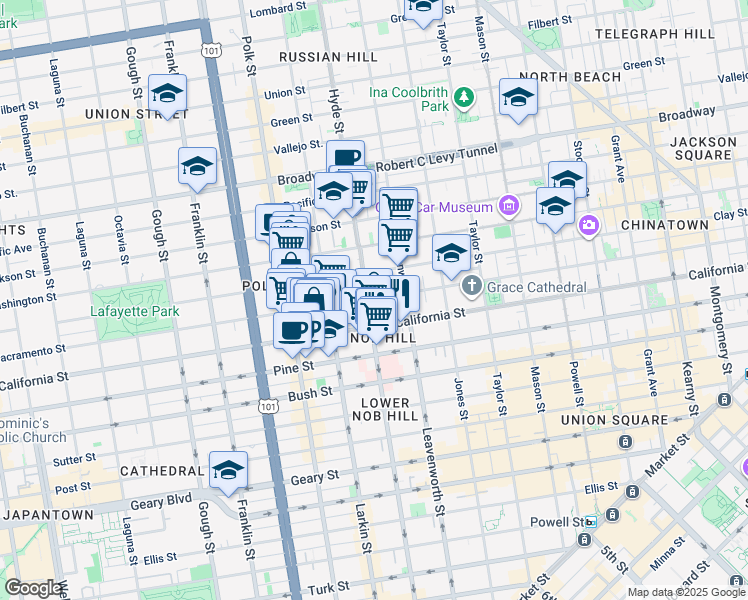 map of restaurants, bars, coffee shops, grocery stores, and more near 1251 Hyde Street in San Francisco