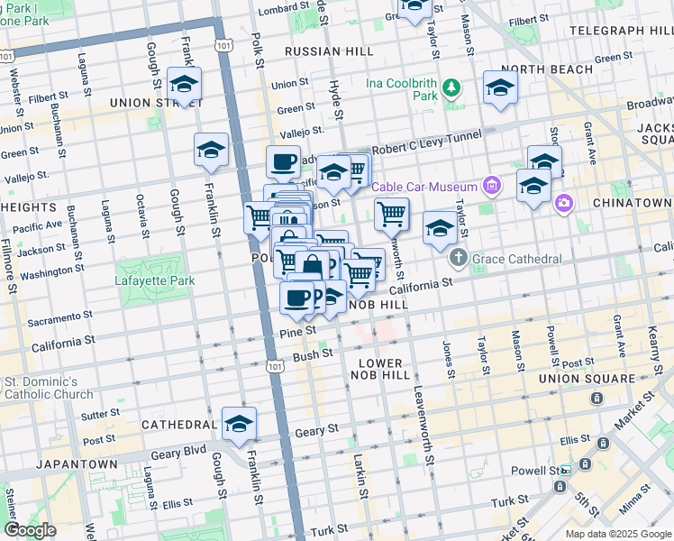 map of restaurants, bars, coffee shops, grocery stores, and more near 1565 Larkin Street in San Francisco