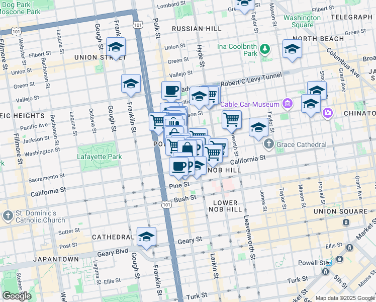 map of restaurants, bars, coffee shops, grocery stores, and more near 1565 Larkin Street in San Francisco