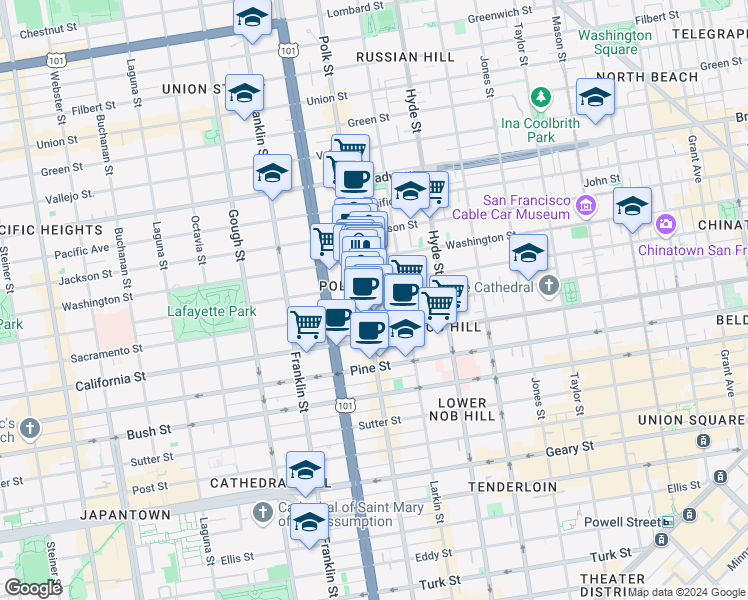 map of restaurants, bars, coffee shops, grocery stores, and more near in San Francisco