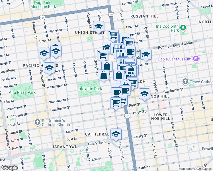 map of restaurants, bars, coffee shops, grocery stores, and more near 1945 Washington Street in San Francisco