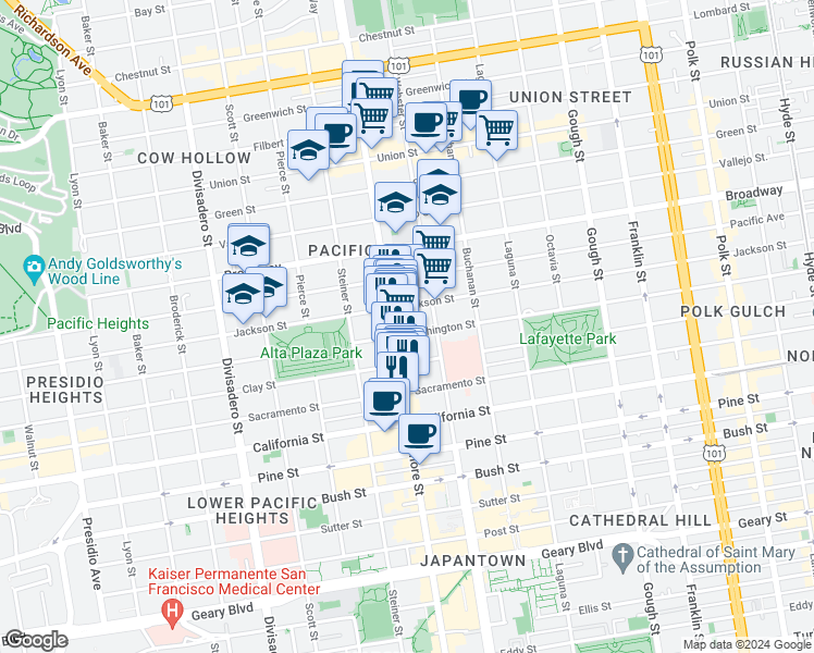map of restaurants, bars, coffee shops, grocery stores, and more near 2380 Jackson Street in San Francisco
