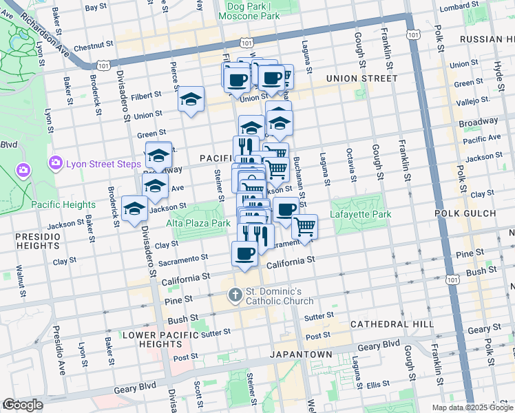 map of restaurants, bars, coffee shops, grocery stores, and more near 2380 Jackson Street in San Francisco