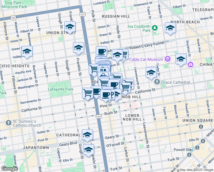 map of restaurants, bars, coffee shops, grocery stores, and more near in San Francisco