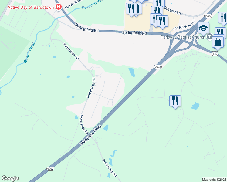 map of restaurants, bars, coffee shops, grocery stores, and more near 1114 Breezy Way in Bardstown