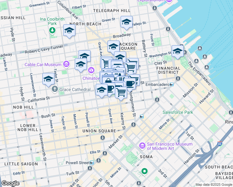 map of restaurants, bars, coffee shops, grocery stores, and more near 500 Pine Street in San Francisco