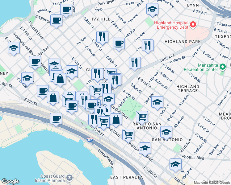 map of restaurants, bars, coffee shops, grocery stores, and more near East 18th Street in Oakland