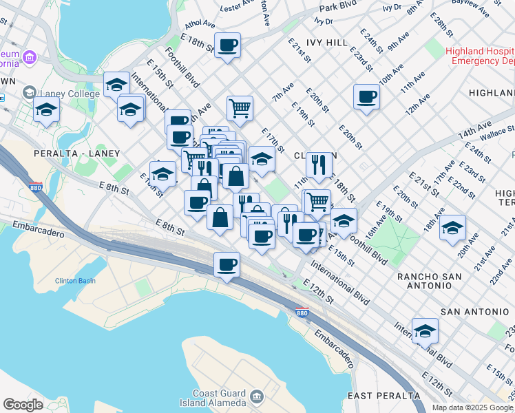 map of restaurants, bars, coffee shops, grocery stores, and more near 1099 East 15th Street in Oakland