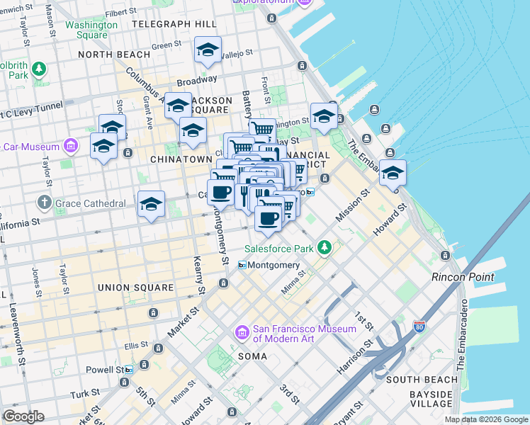 map of restaurants, bars, coffee shops, grocery stores, and more near 98 Battery St in San Francisco