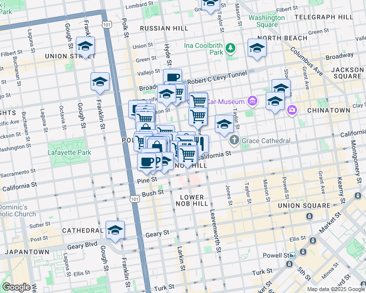 map of restaurants, bars, coffee shops, grocery stores, and more near 1205 Hyde Street in San Francisco