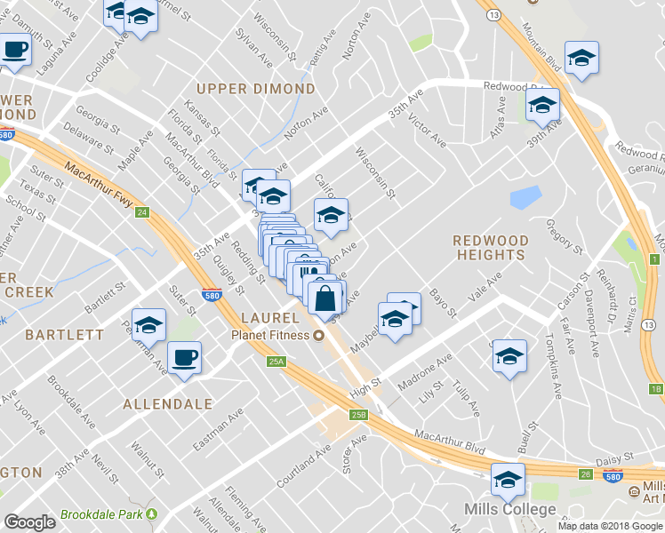 map of restaurants, bars, coffee shops, grocery stores, and more near 3712 Patterson Avenue in Oakland