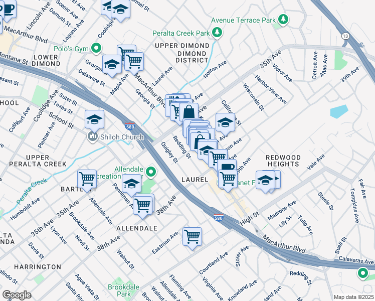 map of restaurants, bars, coffee shops, grocery stores, and more near 3644 Redding Street in Oakland