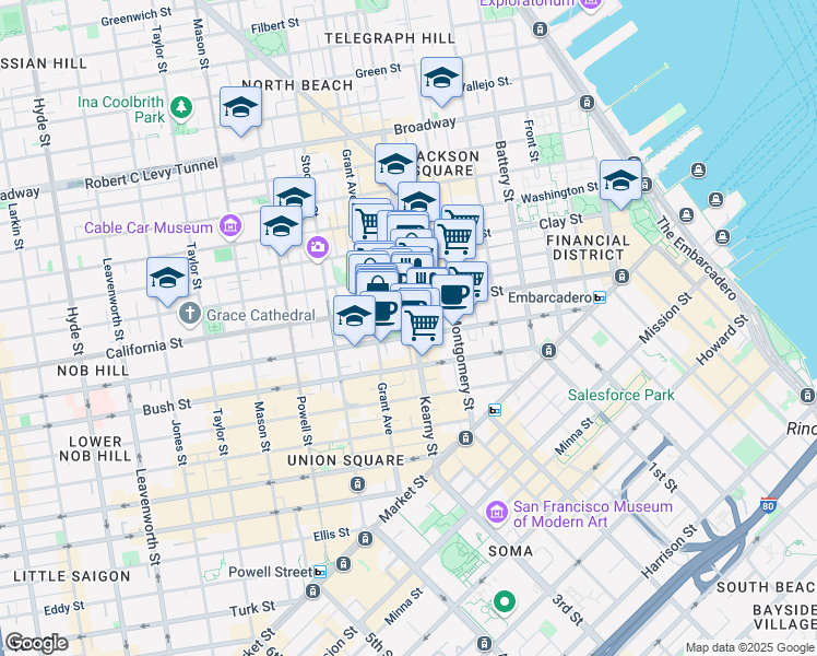 map of restaurants, bars, coffee shops, grocery stores, and more near 500 Pine Street in San Francisco