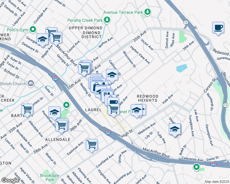 map of restaurants, bars, coffee shops, grocery stores, and more near 3712 Patterson Avenue in Oakland