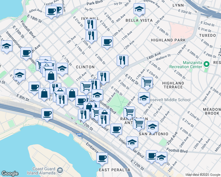 map of restaurants, bars, coffee shops, grocery stores, and more near 1847 13th Avenue in Oakland