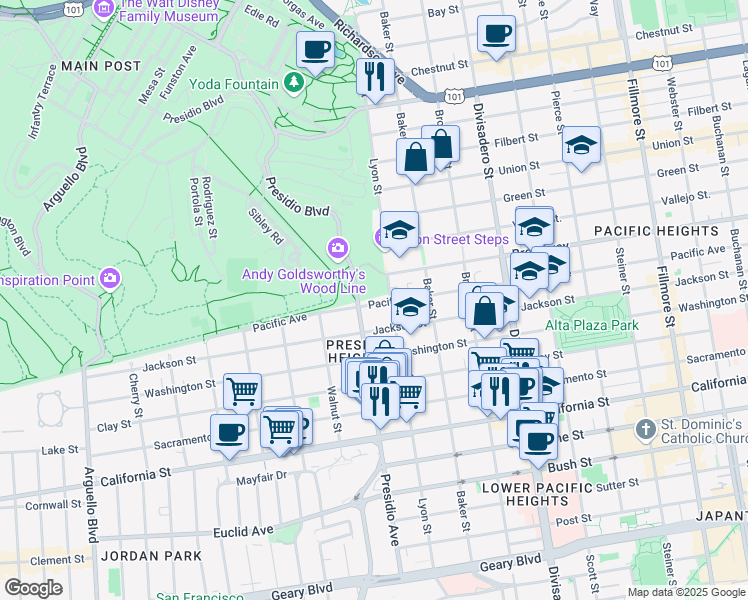 map of restaurants, bars, coffee shops, grocery stores, and more near 3140 Pacific Avenue in San Francisco