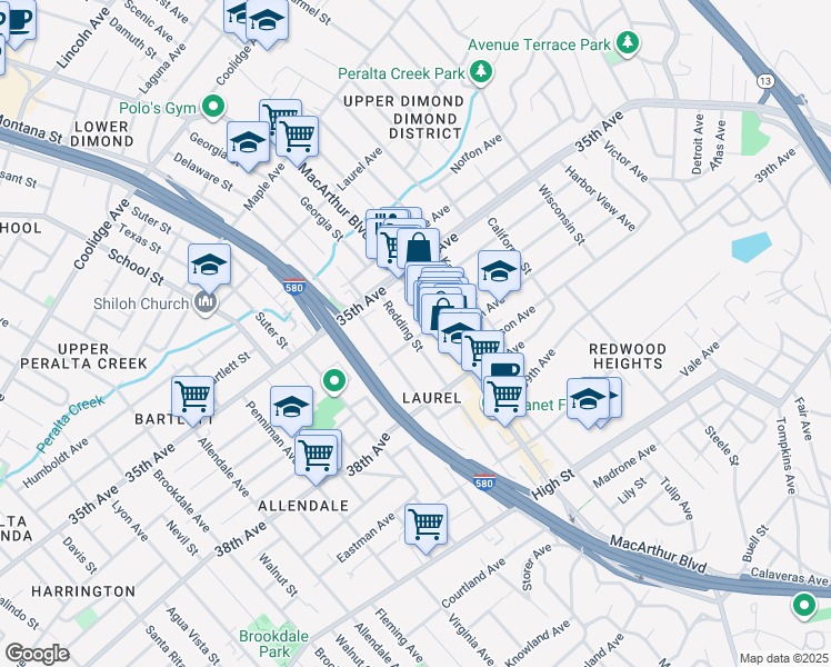 map of restaurants, bars, coffee shops, grocery stores, and more near 3644 Redding Street in Oakland