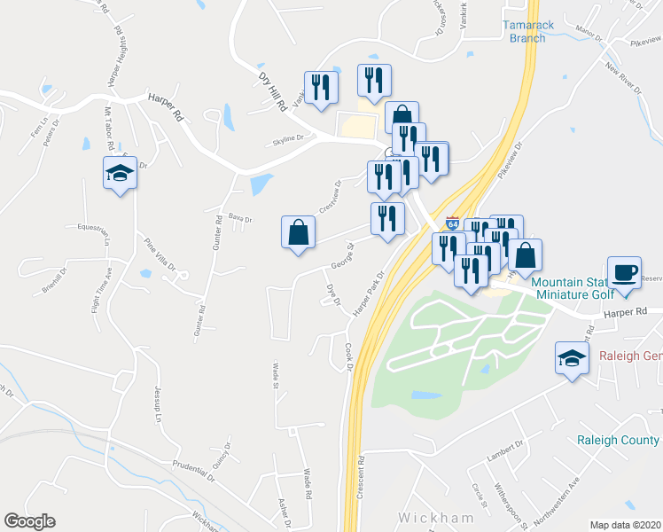 map of restaurants, bars, coffee shops, grocery stores, and more near 190 George Street in Beckley