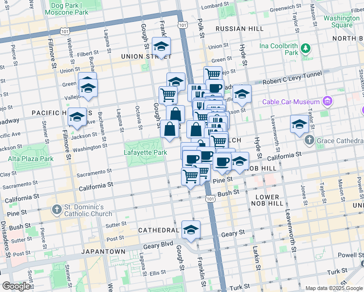 map of restaurants, bars, coffee shops, grocery stores, and more near Franklin St & Clay St in San Francisco