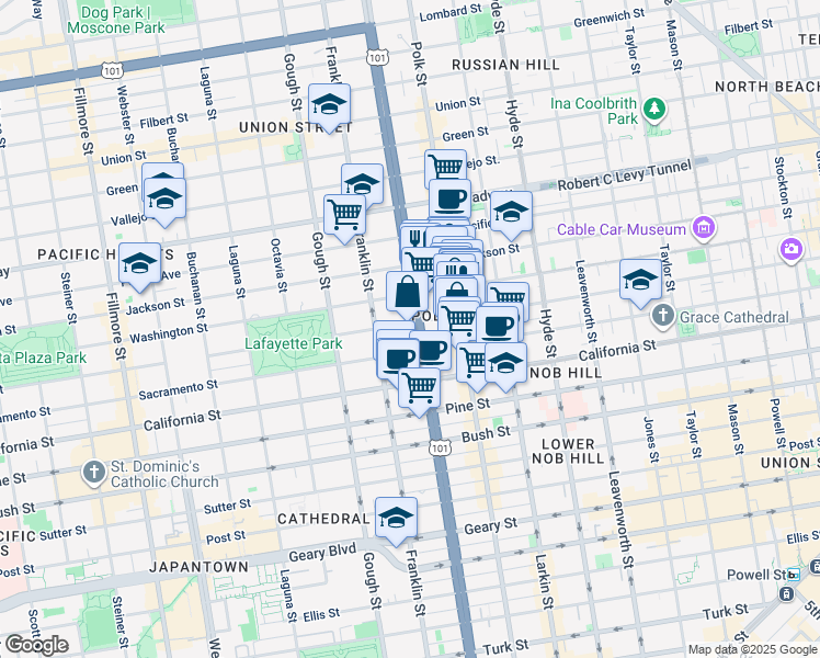 map of restaurants, bars, coffee shops, grocery stores, and more near 1755 Van Ness Avenue in San Francisco