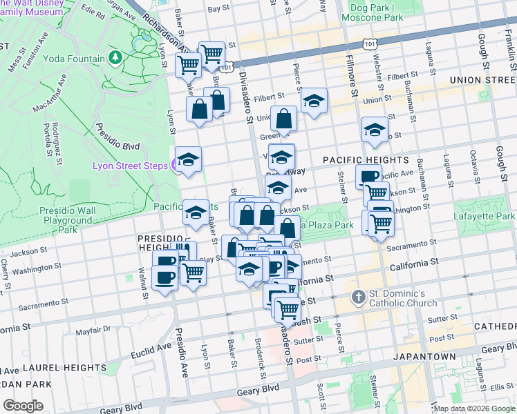 map of restaurants, bars, coffee shops, grocery stores, and more near 2427 Divisadero Street in San Francisco