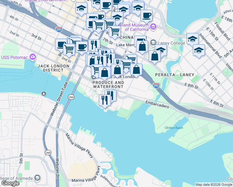 map of restaurants, bars, coffee shops, grocery stores, and more near Embarcadero West & Oak Street in Oakland
