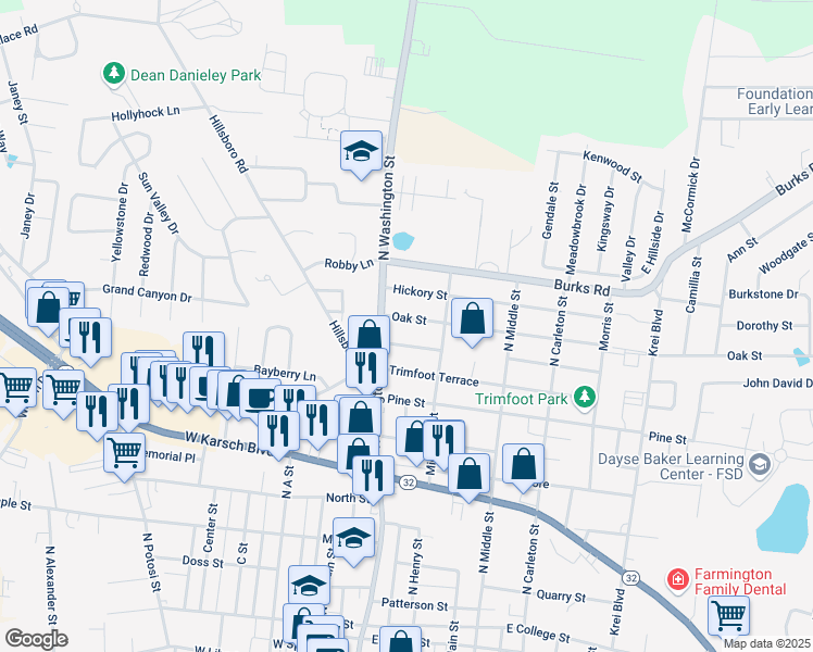 map of restaurants, bars, coffee shops, grocery stores, and more near 23 Oak Street in Farmington