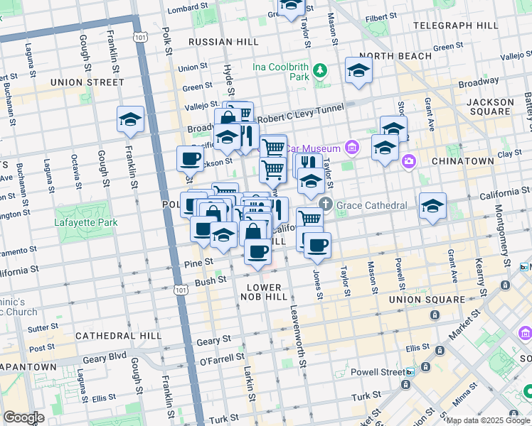 map of restaurants, bars, coffee shops, grocery stores, and more near 1445 Sacramento Street in San Francisco