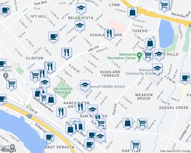map of restaurants, bars, coffee shops, grocery stores, and more near 2138 19th Avenue in Oakland
