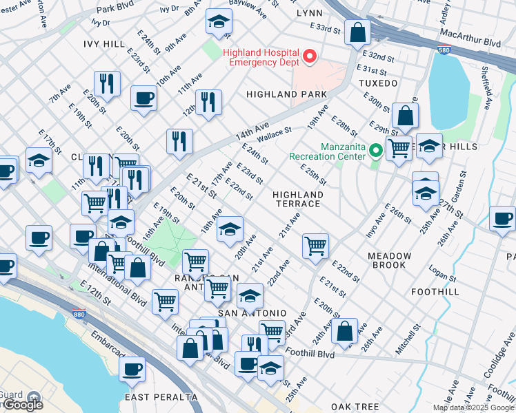 map of restaurants, bars, coffee shops, grocery stores, and more near 2138 19th Avenue in Oakland