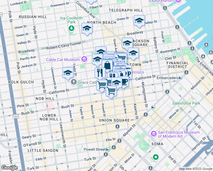 map of restaurants, bars, coffee shops, grocery stores, and more near 845 California Street in San Francisco