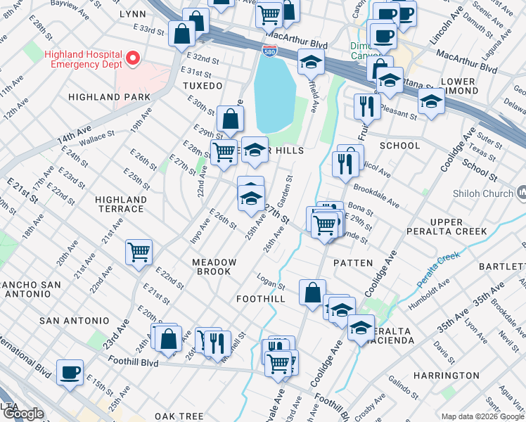 map of restaurants, bars, coffee shops, grocery stores, and more near 2410 East 27th Street in Oakland