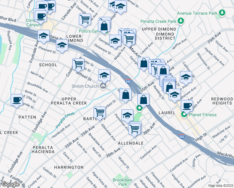 map of restaurants, bars, coffee shops, grocery stores, and more near 3361 Suter Street in Oakland