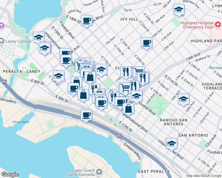 map of restaurants, bars, coffee shops, grocery stores, and more near 1101 Foothill Boulevard in Oakland