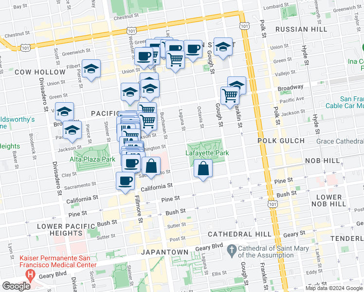map of restaurants, bars, coffee shops, grocery stores, and more near 2224 Washington Street in San Francisco