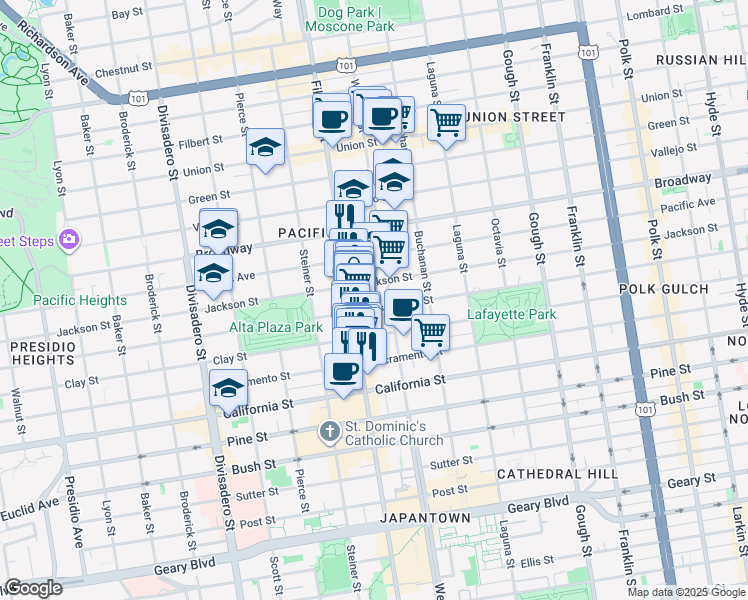 map of restaurants, bars, coffee shops, grocery stores, and more near 2321 Webster Street in San Francisco