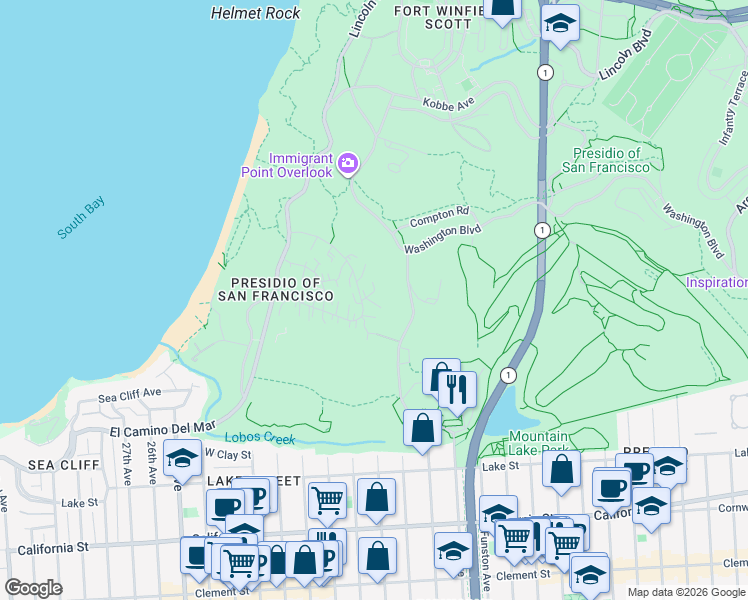 map of restaurants, bars, coffee shops, grocery stores, and more near 1536 Pershing Drive in San Francisco