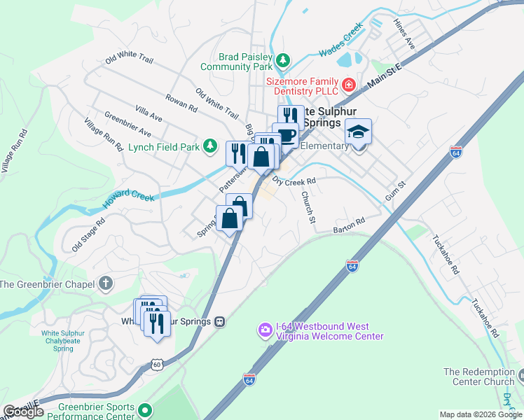 map of restaurants, bars, coffee shops, grocery stores, and more near 57 West Main Street in White Sulphur Springs