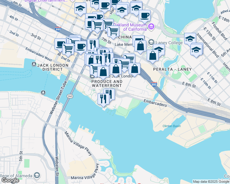 map of restaurants, bars, coffee shops, grocery stores, and more near 5 Embarcadero West in Oakland