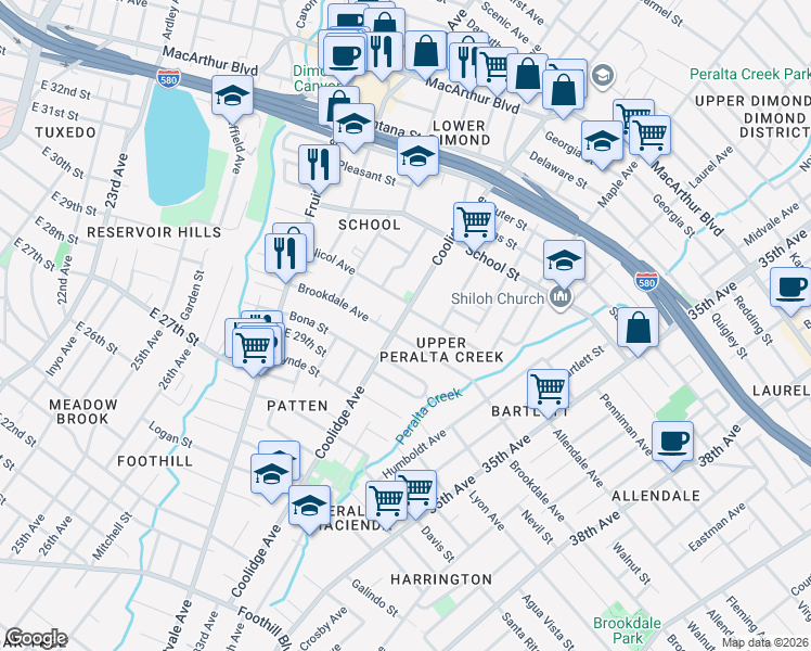 map of restaurants, bars, coffee shops, grocery stores, and more near 3014 Coolidge Avenue in Oakland