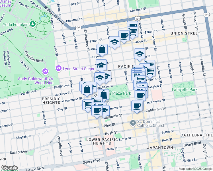map of restaurants, bars, coffee shops, grocery stores, and more near 2629 Pacific Avenue in San Francisco