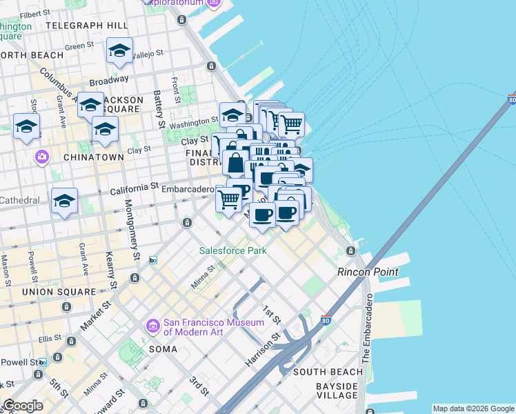 map of restaurants, bars, coffee shops, grocery stores, and more near 91 Spear Street in San Francisco