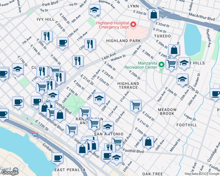 map of restaurants, bars, coffee shops, grocery stores, and more near 2136 19th Avenue in Oakland