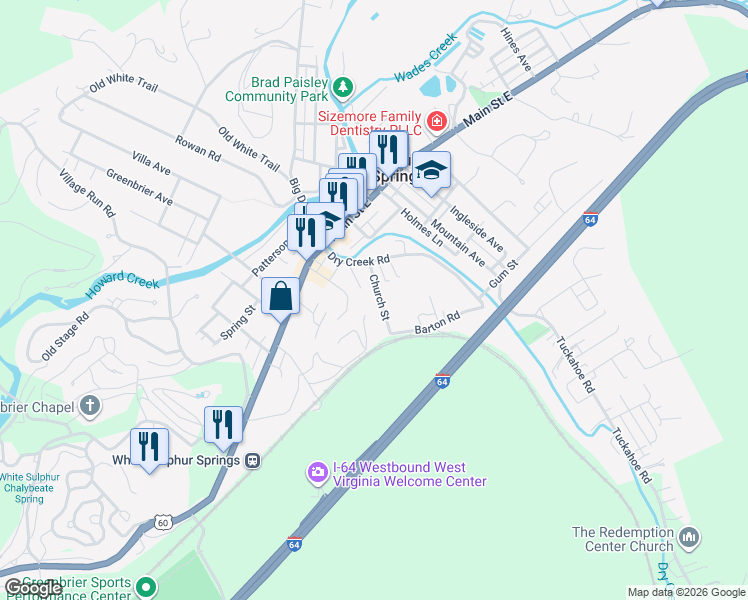 map of restaurants, bars, coffee shops, grocery stores, and more near 157 Church St in White Sulphur Springs